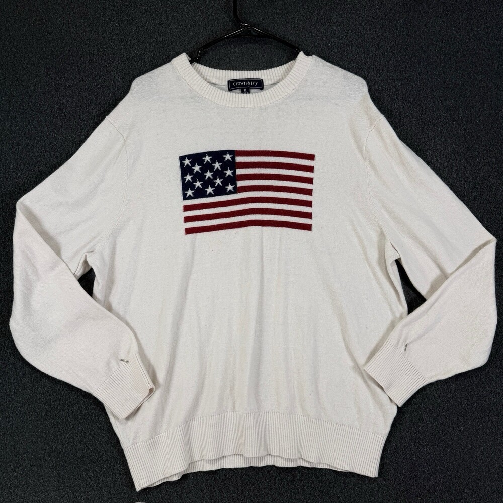 Crown & Ivy Womens XL American Flag Sweater Ivory Patriotic Crewneck USA